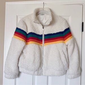 Paper Crane White Sherpa Jacket with Rainbow Stripes